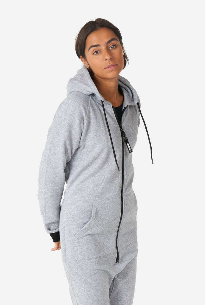 Woman wearing grey onesie