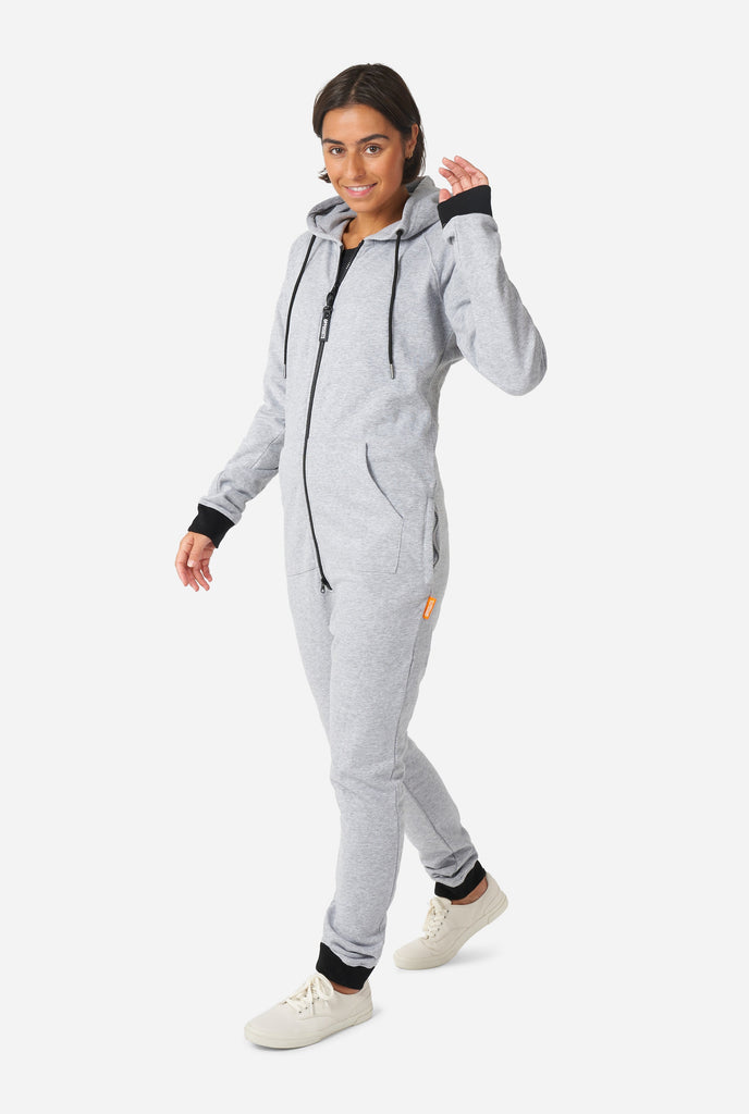 Woman wearing grey onesie