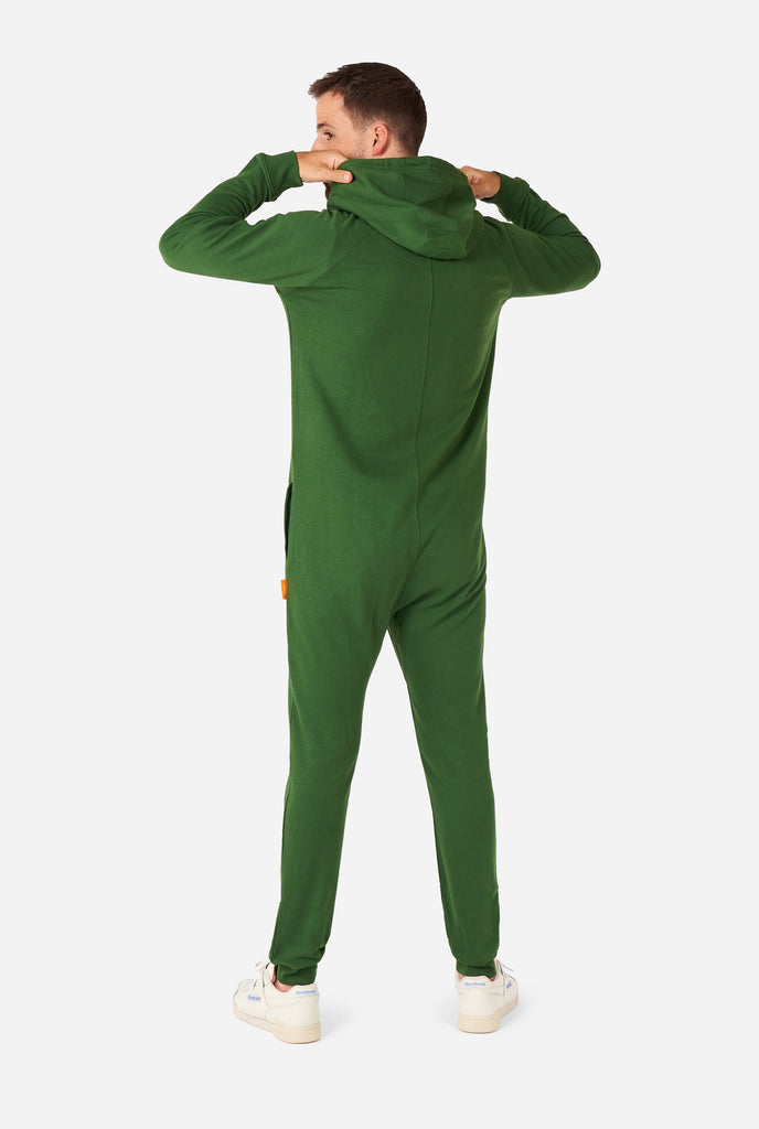 man wearing green onesie, view from the back