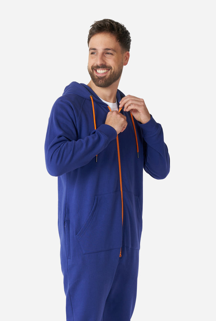 Man wearing Navy blue onesie