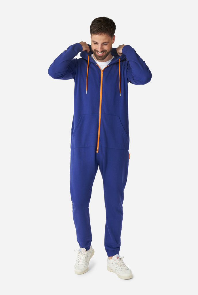 Man wearing Navy blue onesie