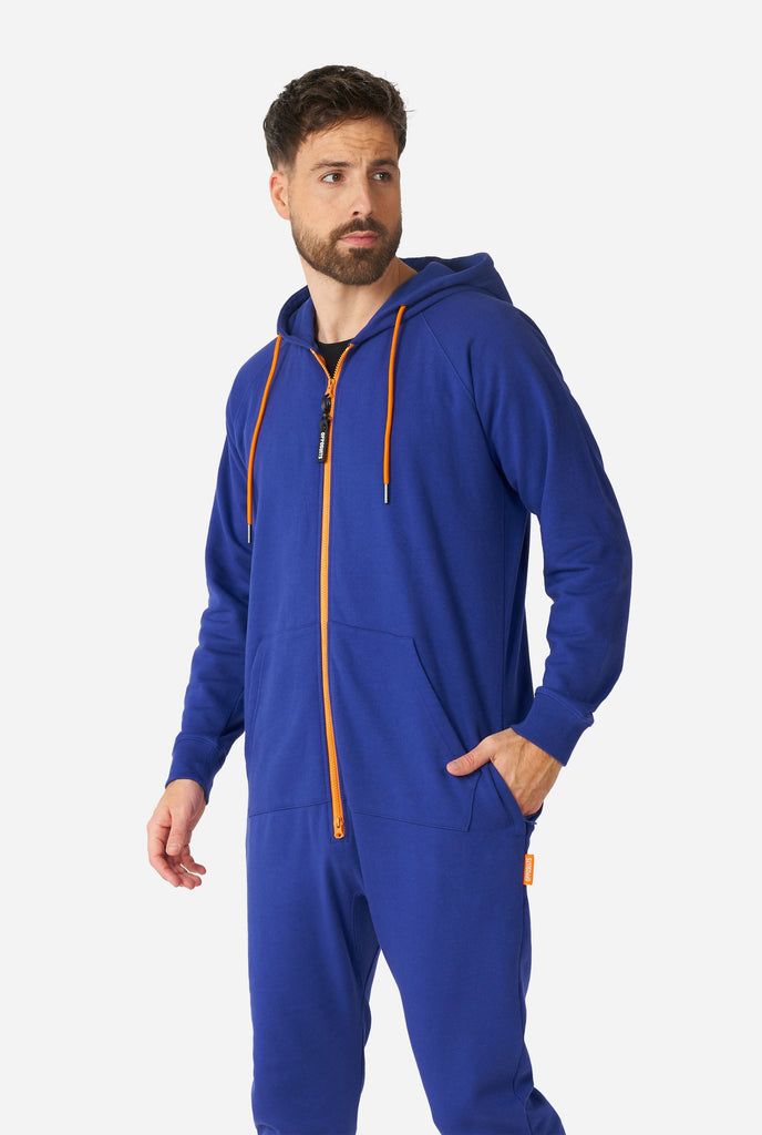 Man wearing Navy blue onesie