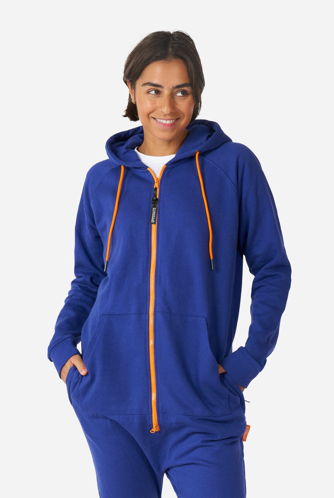 Woman wearing Navy blue onesie