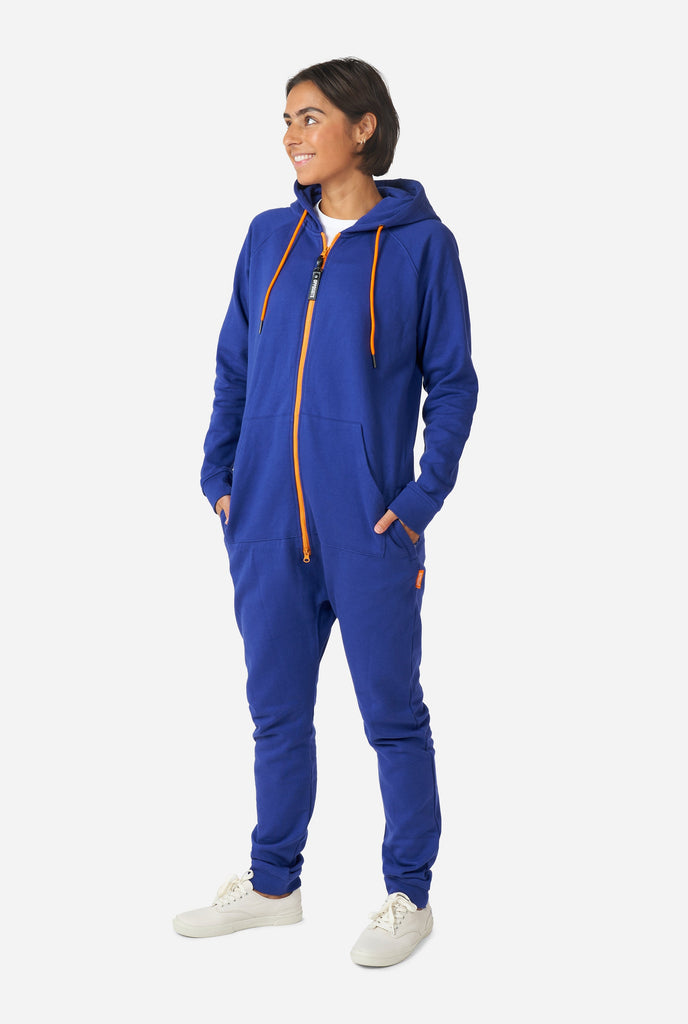 Woman wearing Navy blue onesie