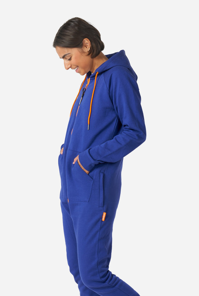 Woman wearing Navy blue onesie