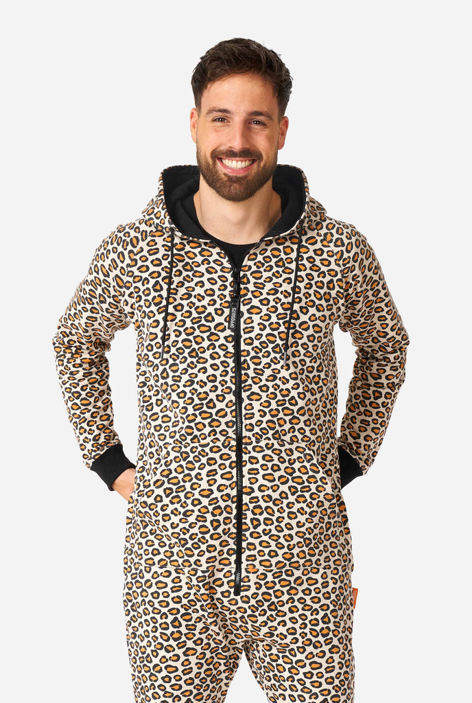 Man wearing jaguar/ panther print onesie