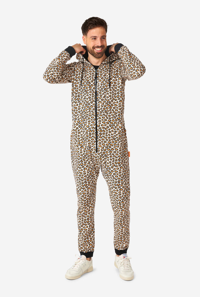 Man wearing jaguar/ panther print onesie