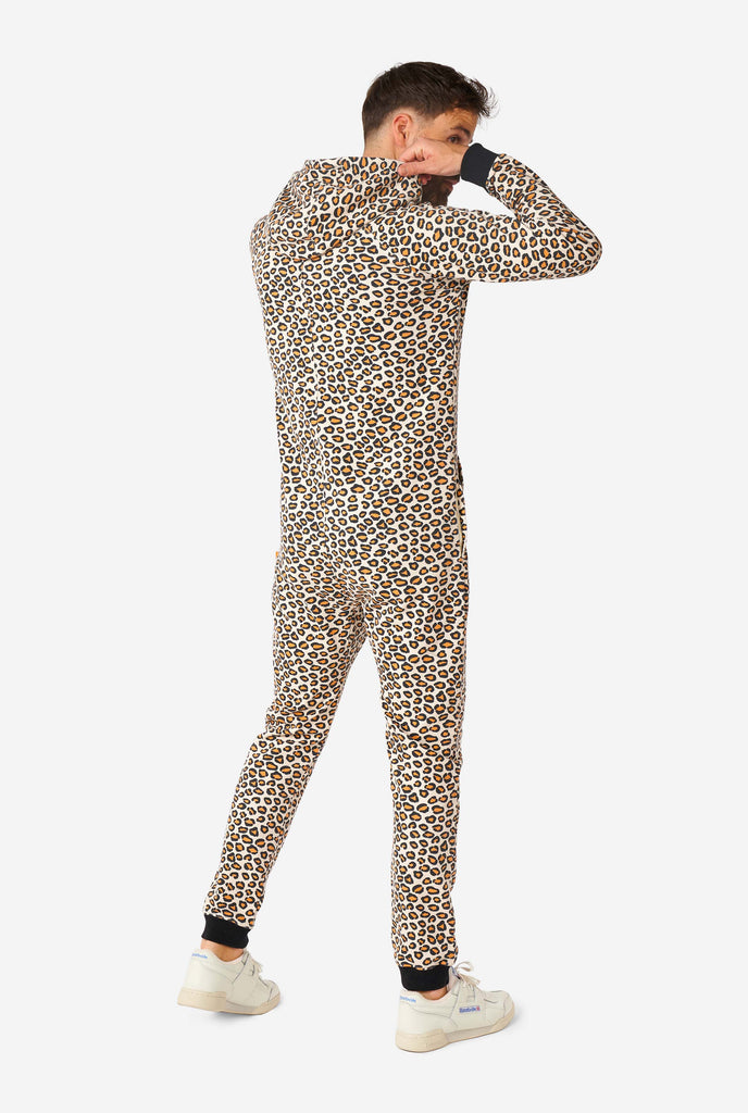 Man wearing jaguar/ panther print onesie, view from the back