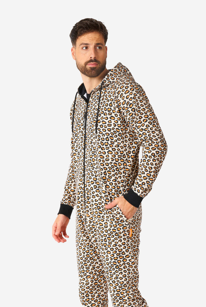 Man wearing jaguar/ panther print onesie