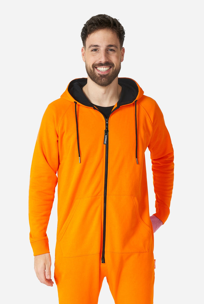 Man wearing orange onesie