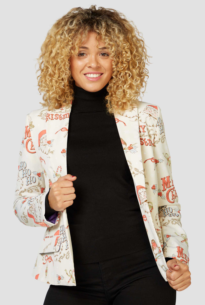 Woman wearing retro off-white Christmas blazer