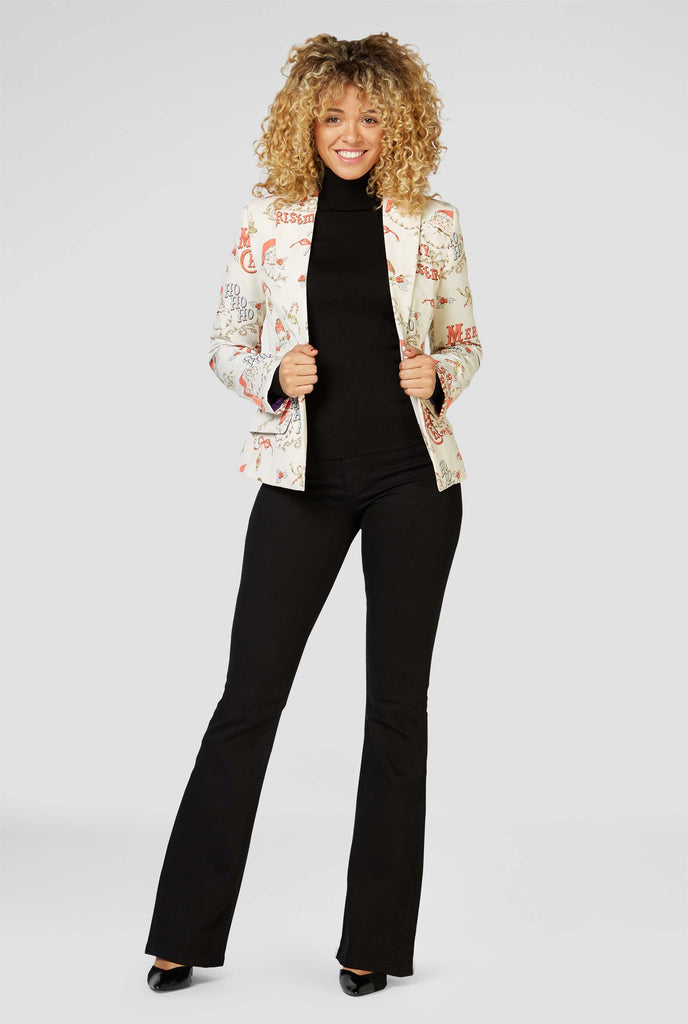 Woman wearing retro off-white Christmas blazer