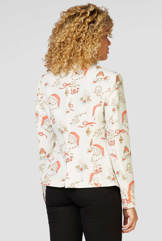 Woman wearing retro off-white Christmas blazer, view from the back