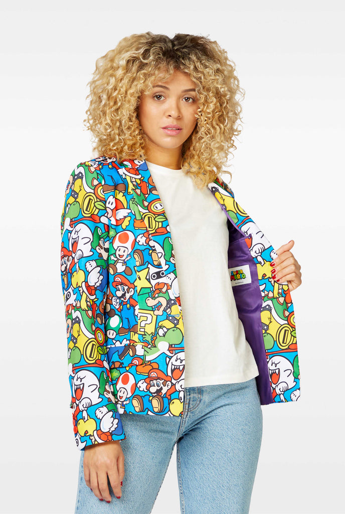 Woman wearing blazer with Super Mario print