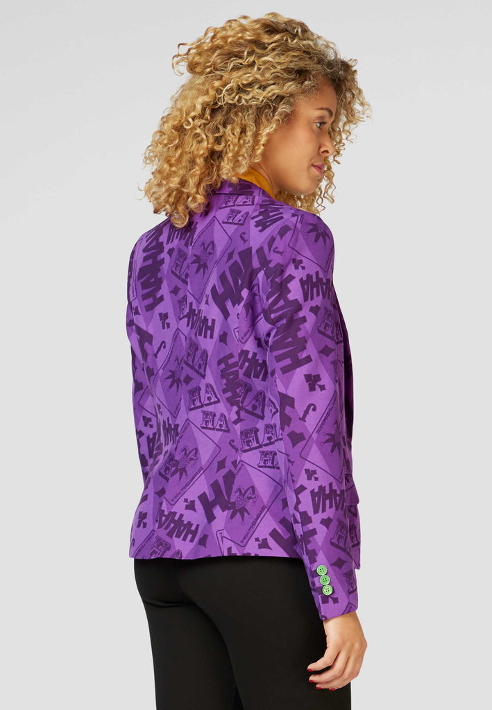 Woman wearing blazer with The Joker print, view from the back