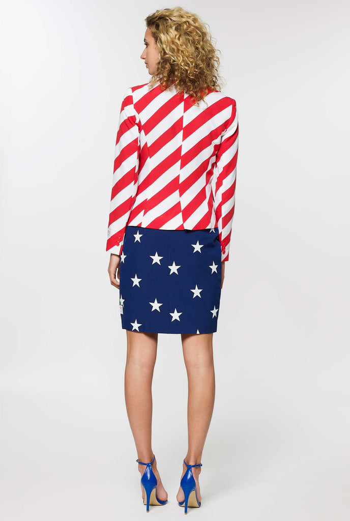 Women's patriotic American Flag suit worn by woman view from back