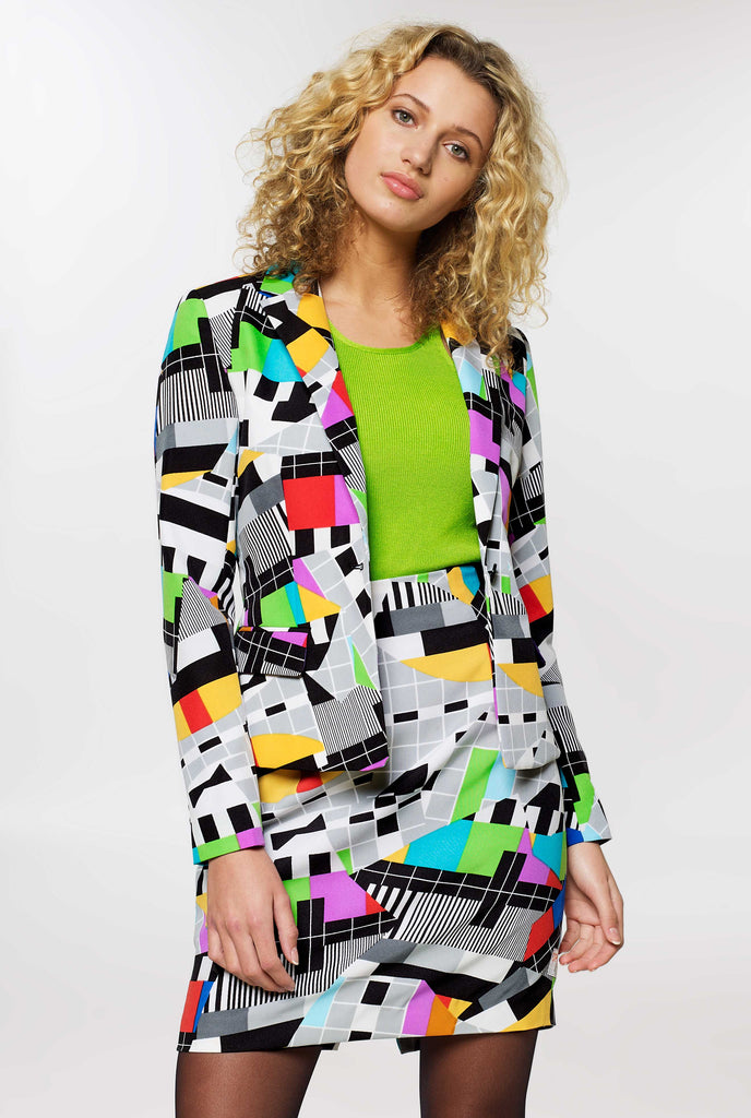 Woman wearing testscreen print suit