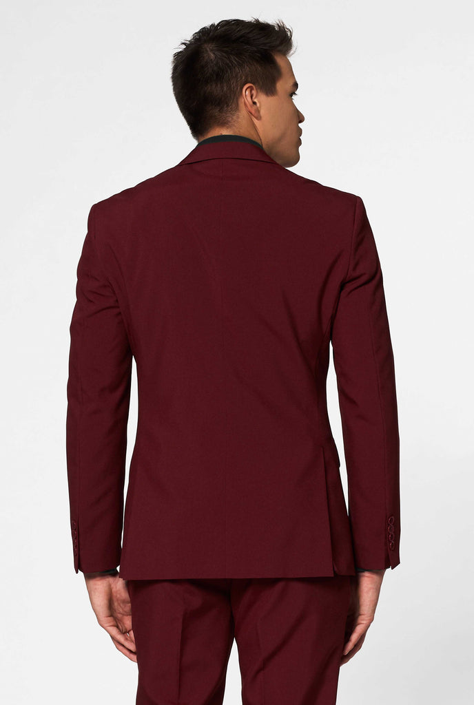 Burgundy red solid color men's suit Blazing Burgundy worn by men backside jacket